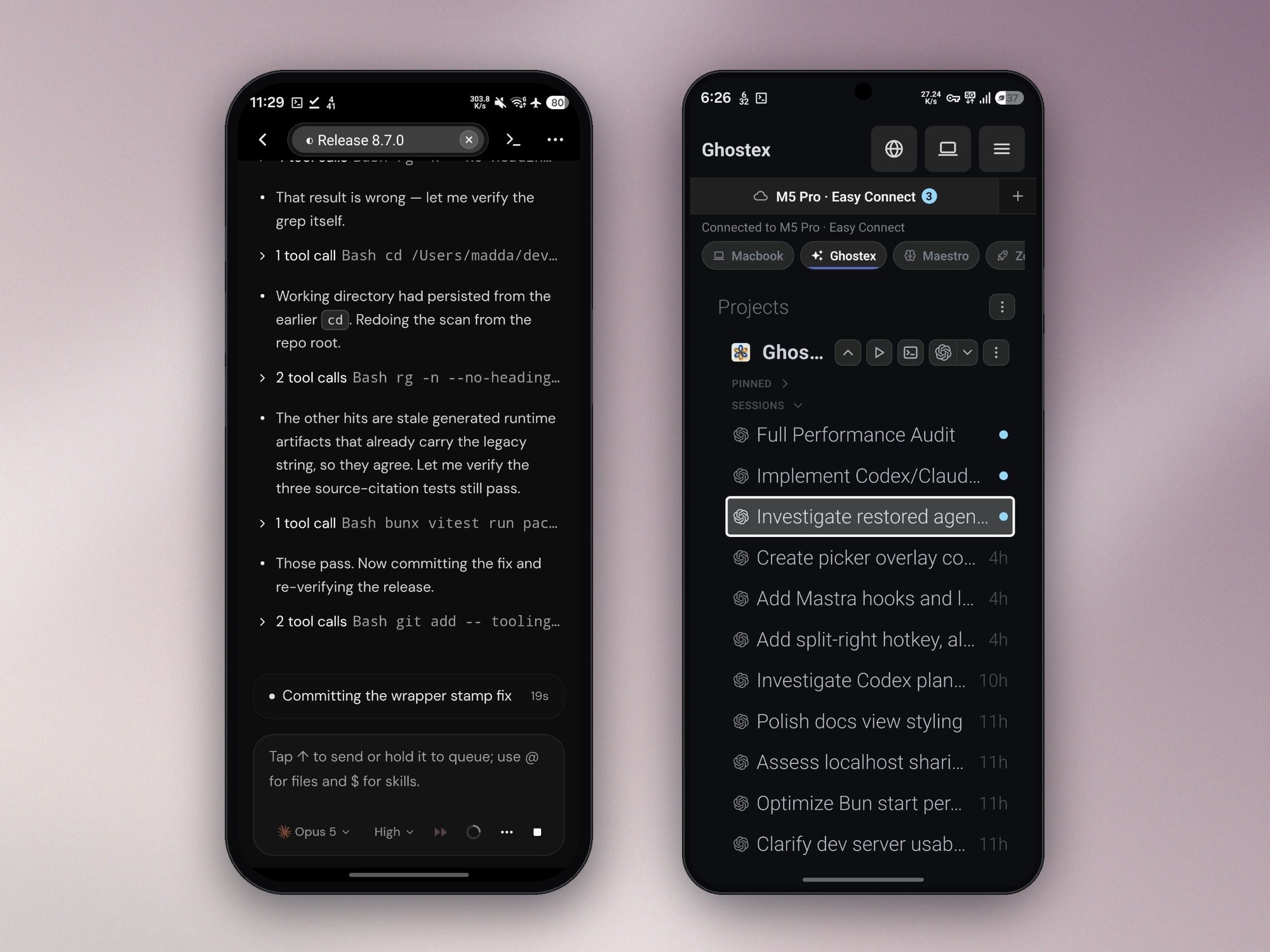 The Ghostex mobile app on an iPhone showing a chat transcript and on a Galaxy showing projects connected through Easy QR Connect