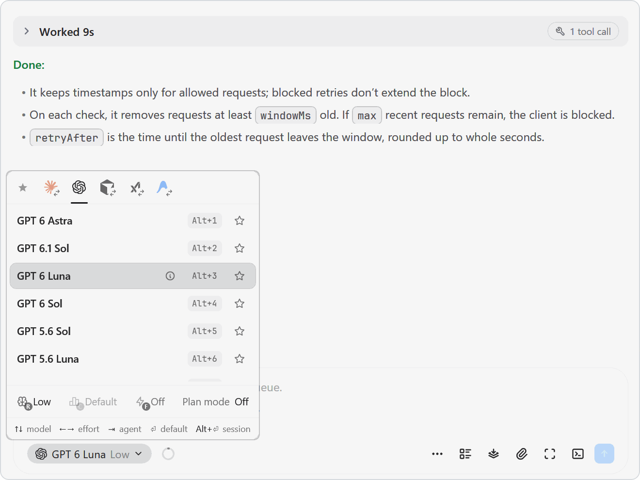 The model picker switching between agents
