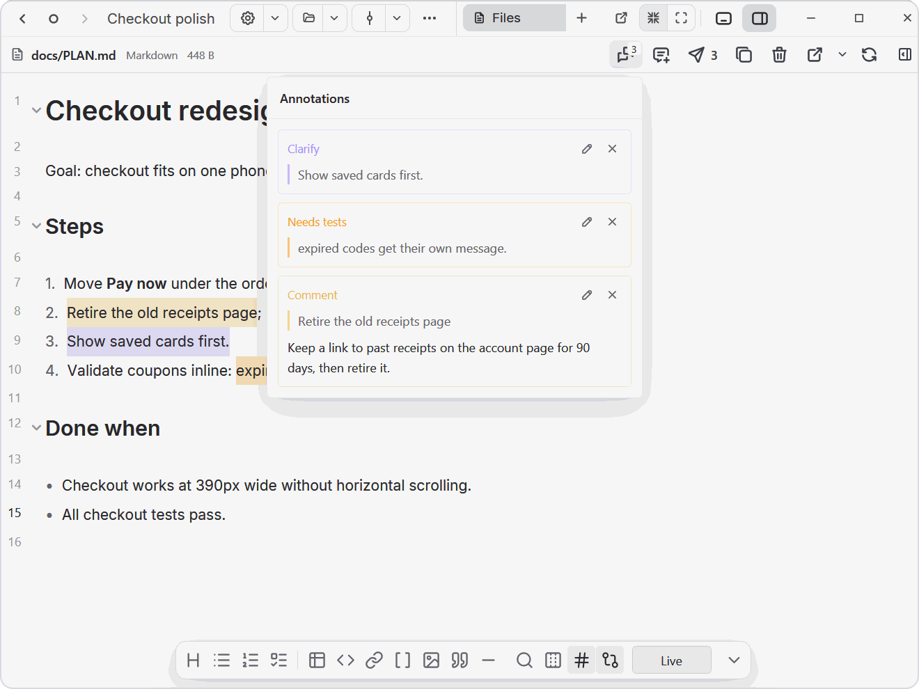 A Markdown plan in the Files view with a comment, a Clarify mark and a Needs tests mark in the Annotations list