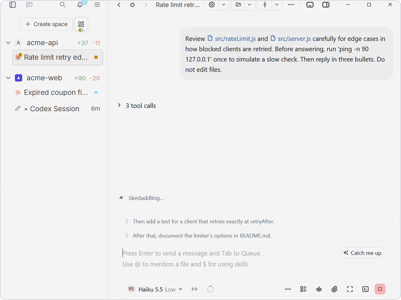 An agent at work with two queued prompts waiting above the chat input