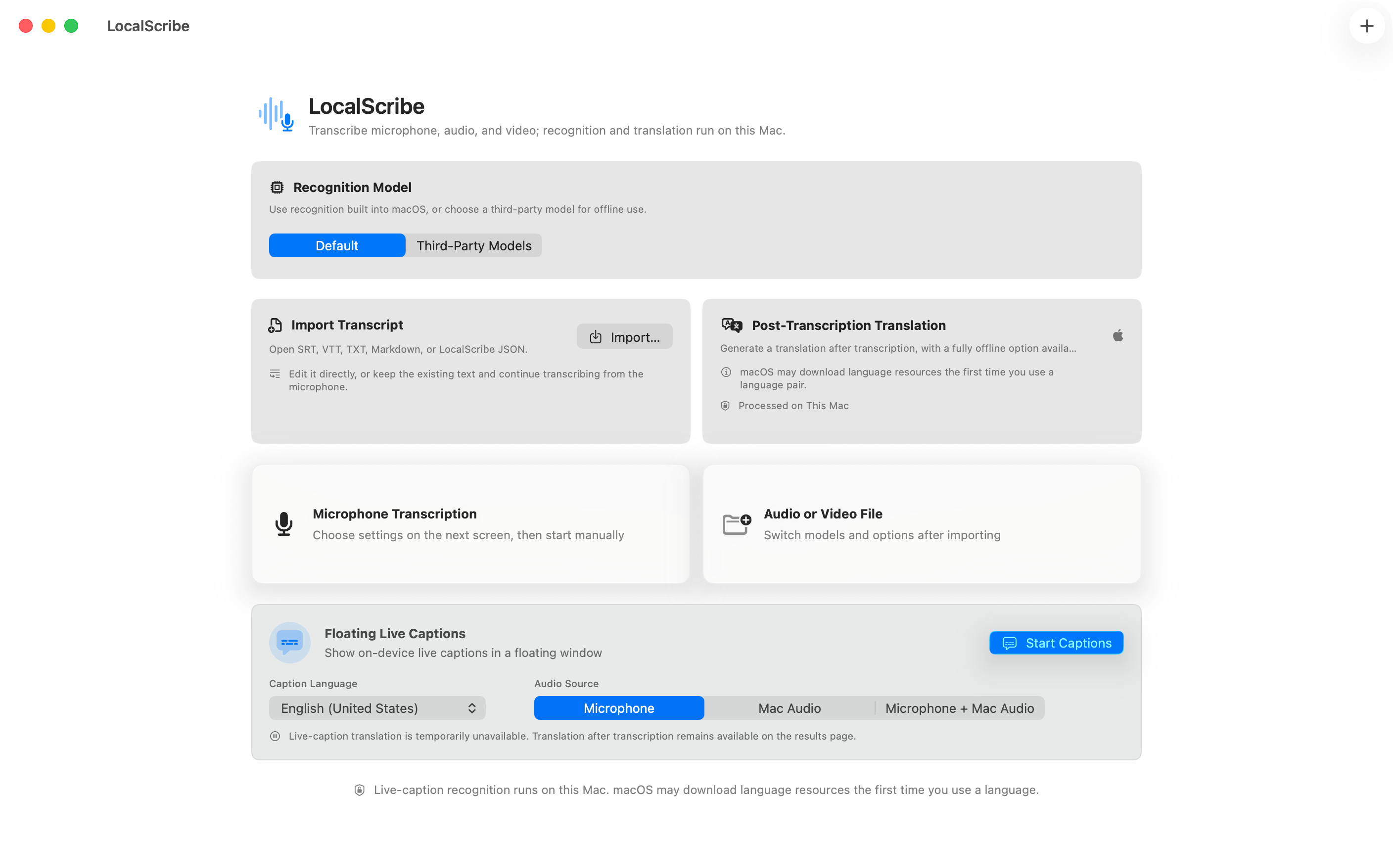 LocalScribe home screen in English with model selection, import, translation and live-caption controls