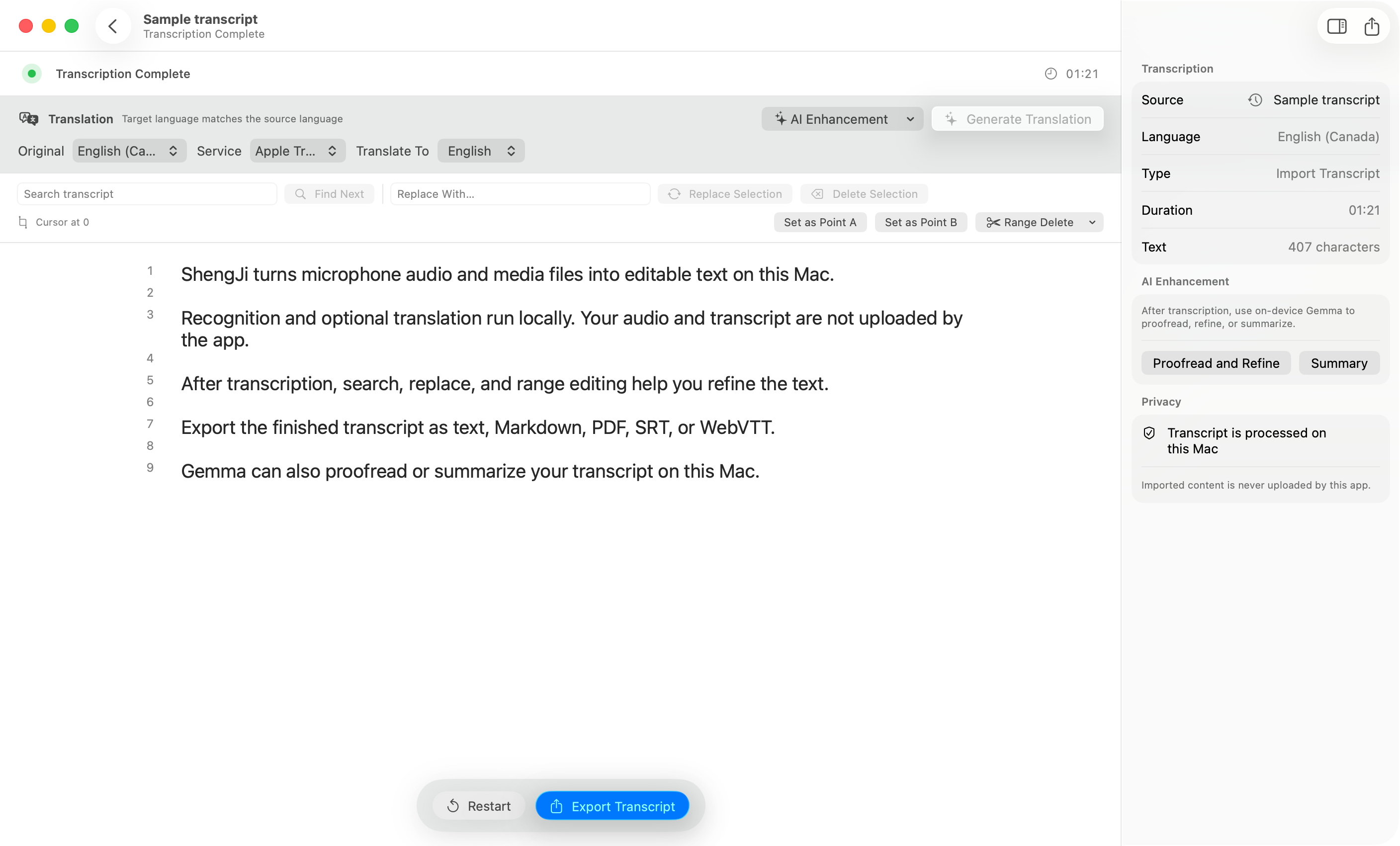 LocalScribe transcript editor in English with local translation, search, range editing, export and privacy details