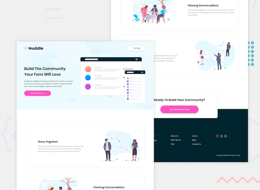 Design preview for the Huddle landing page with alternating feature blocks