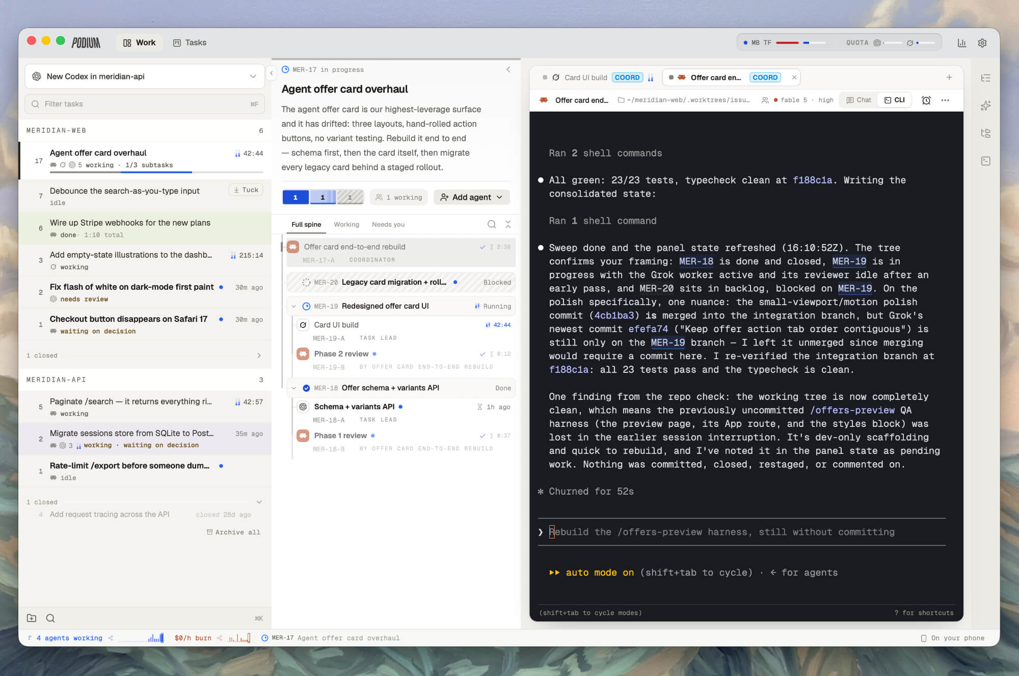 Podium ADE macOS app working on issues across two projects and showing a live agent terminal reporting finished work with a merge offer
