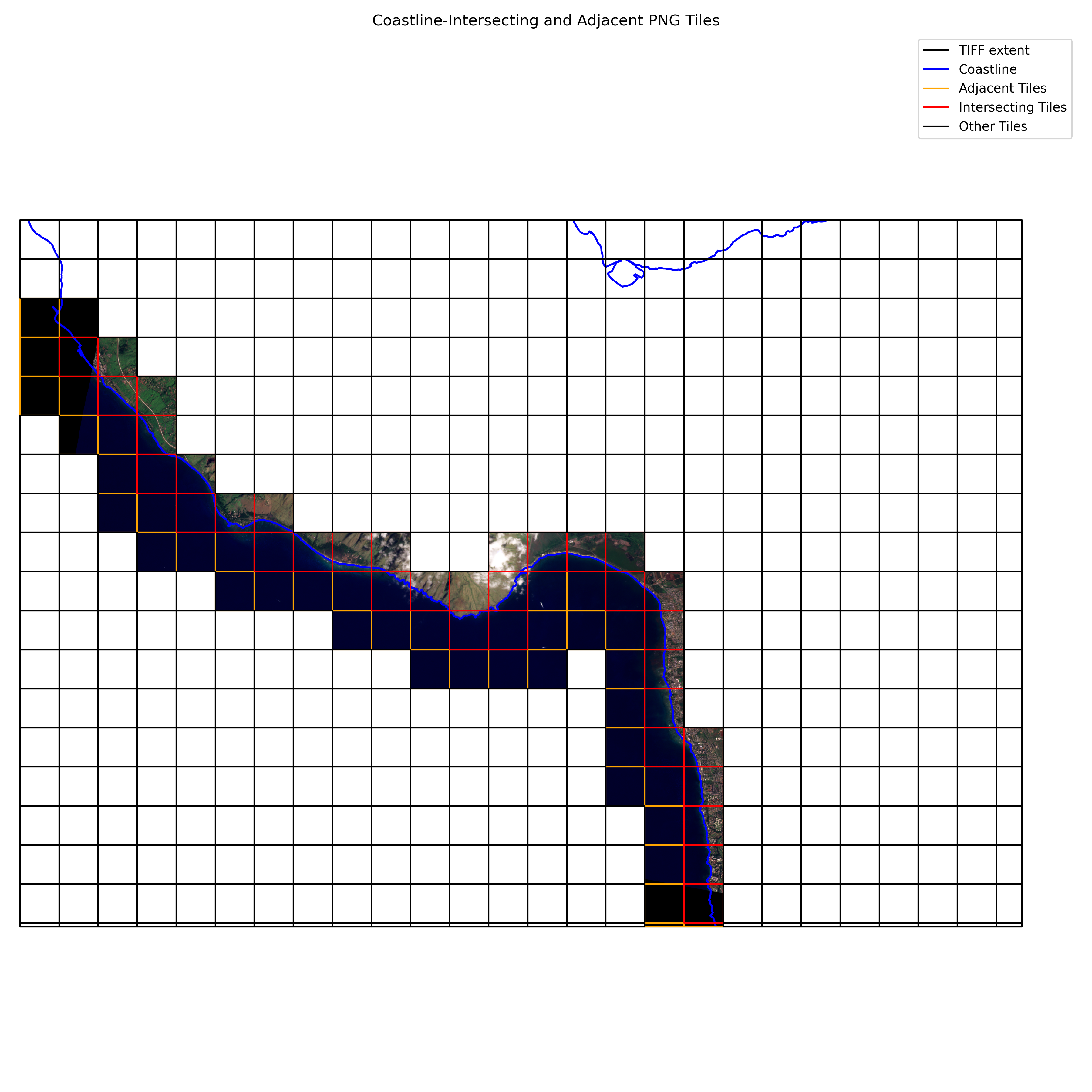 Coastline-intersecting tiles, and adjacent tiles, highlighted