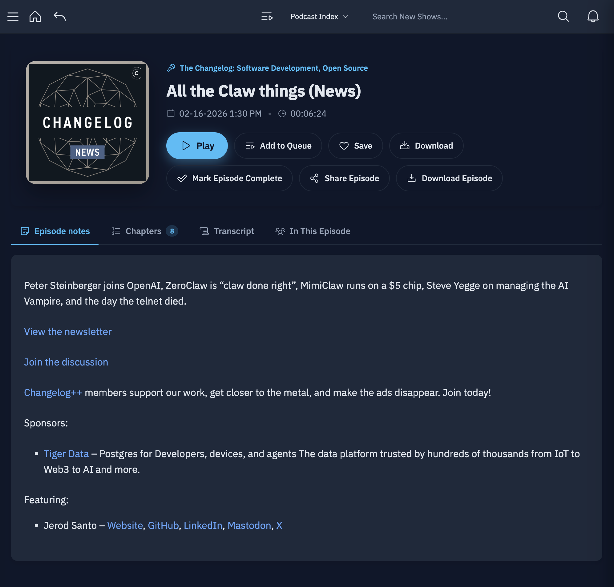 Episode page with notes, chapters, and transcript tabs