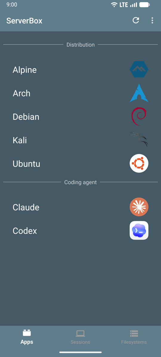 Apps tab listing the Linux distributions and the coding agents