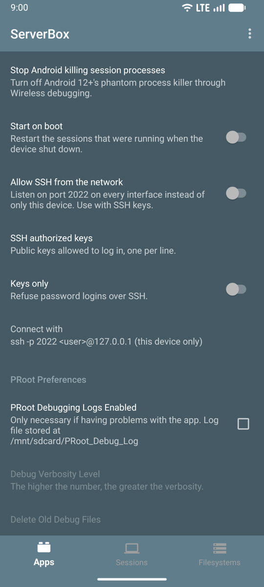Server settings: start on boot, SSH from the network, authorized keys
