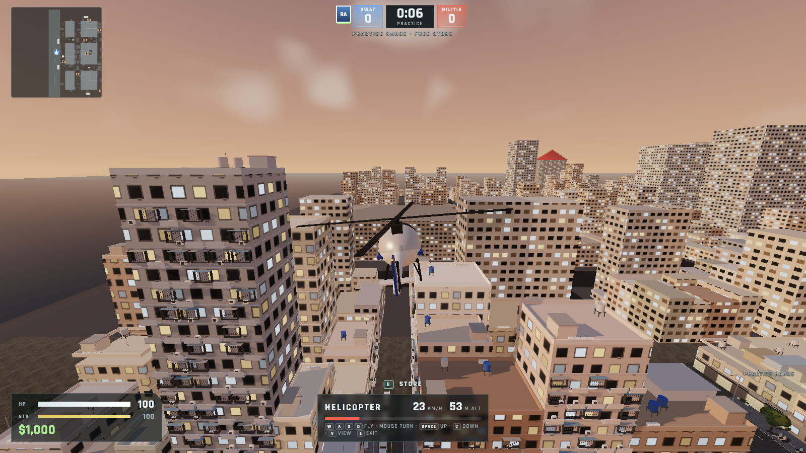 Flying the helicopter low over Ximending in the chase camera