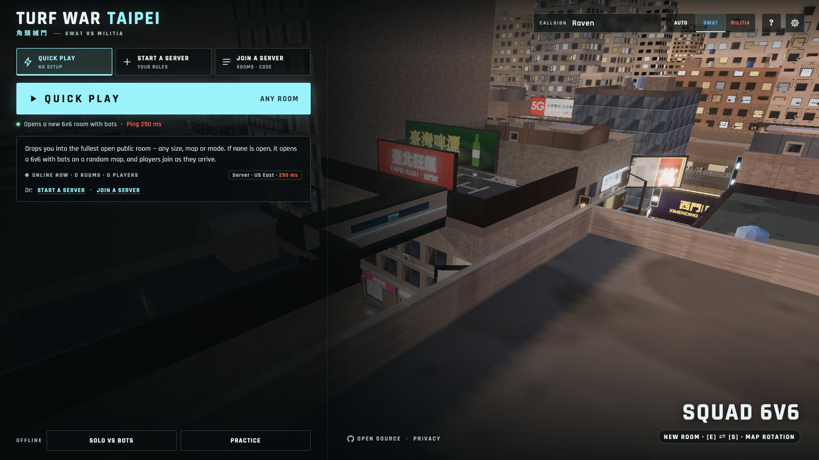 The lobby with Quick play, Start a server and Join a server