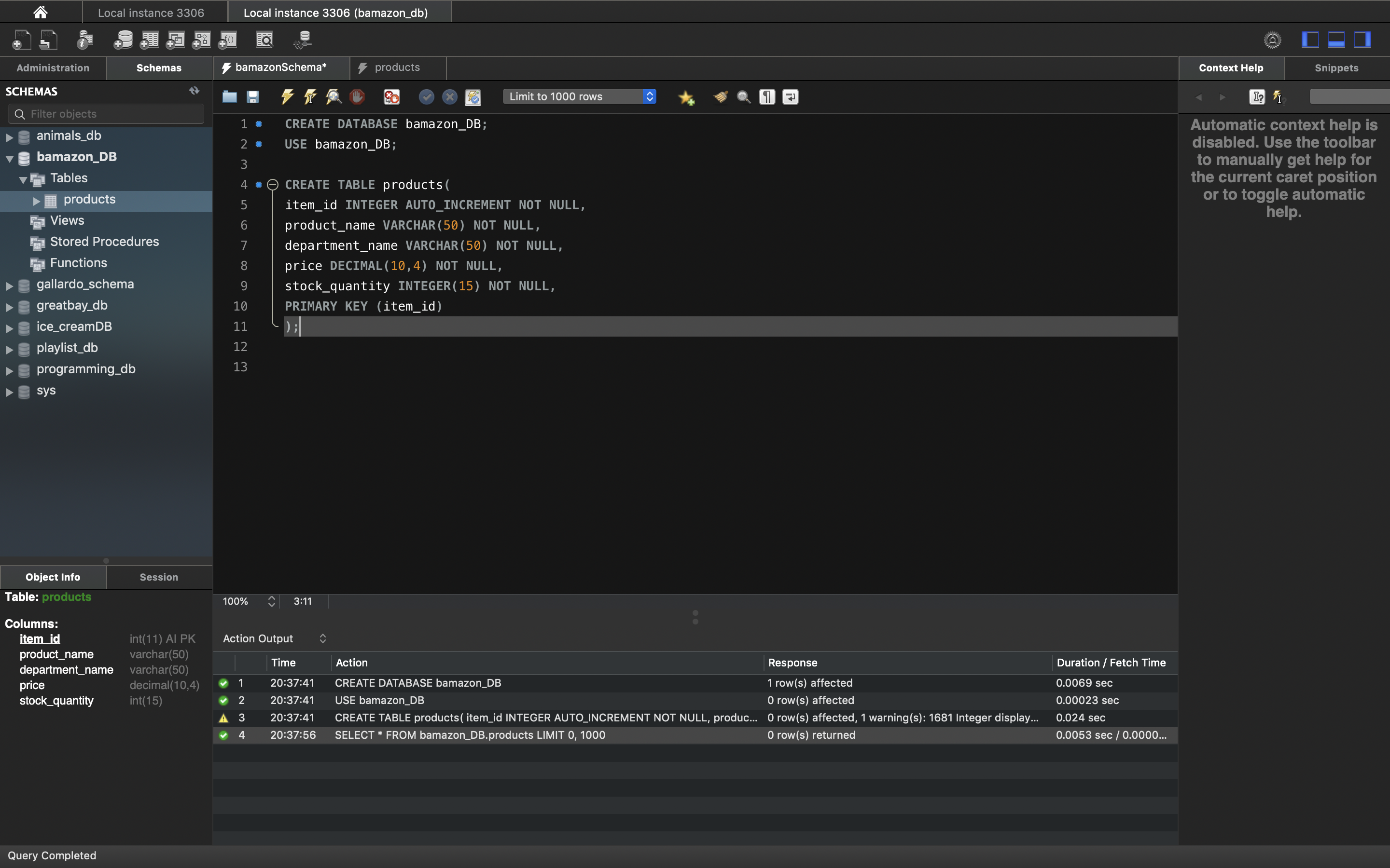 Screenshot of database creation