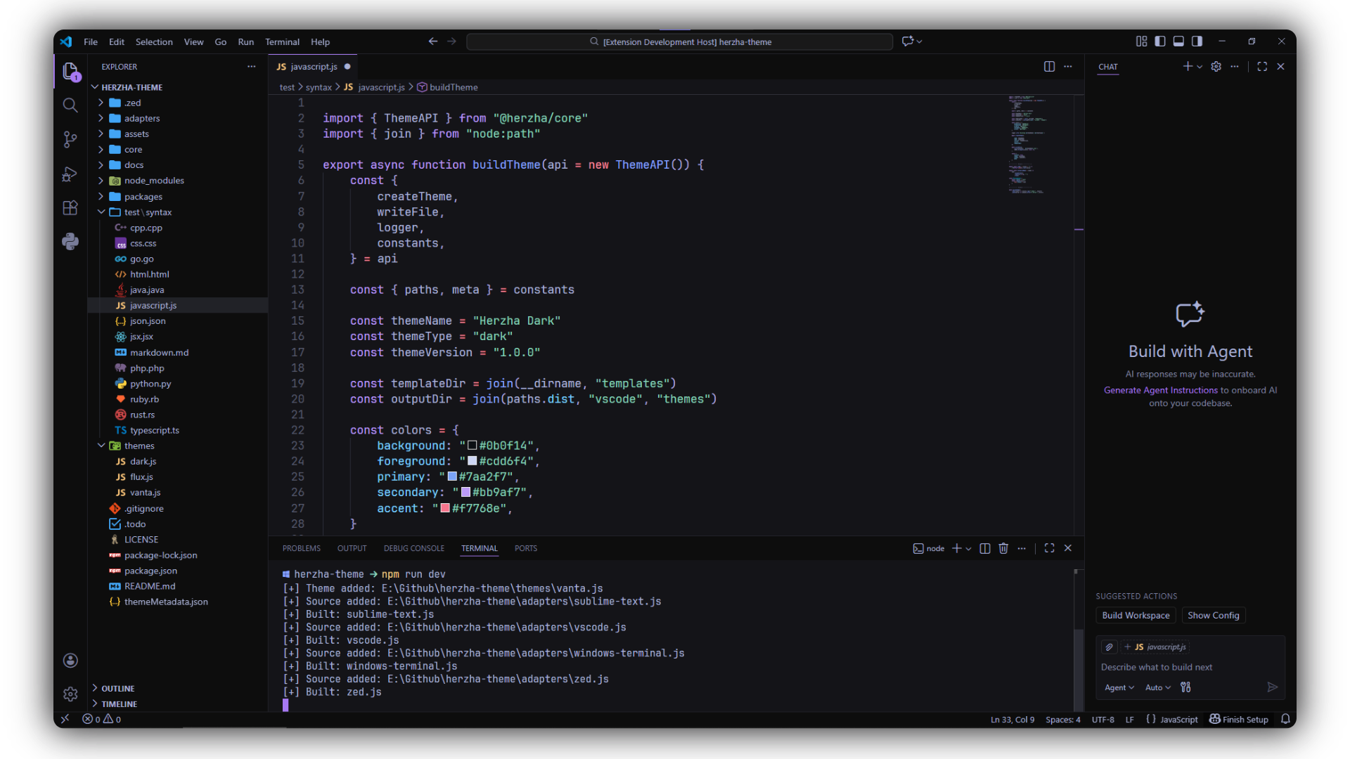 Herzha Theme preview in VS Code
