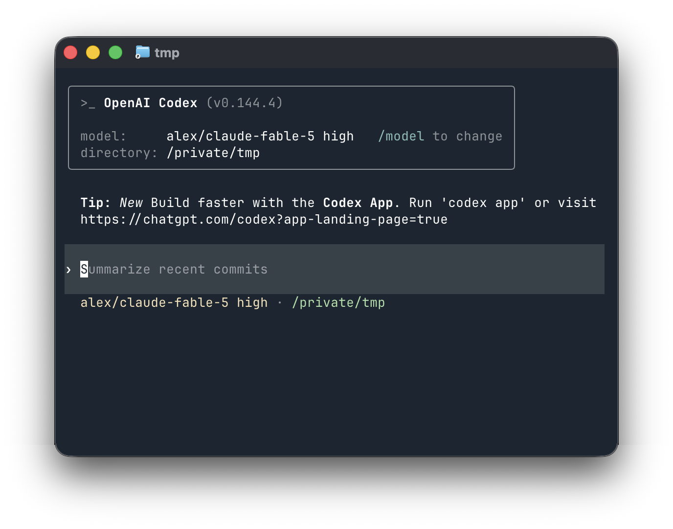 Claude Fable 5 running in Codex through Alex