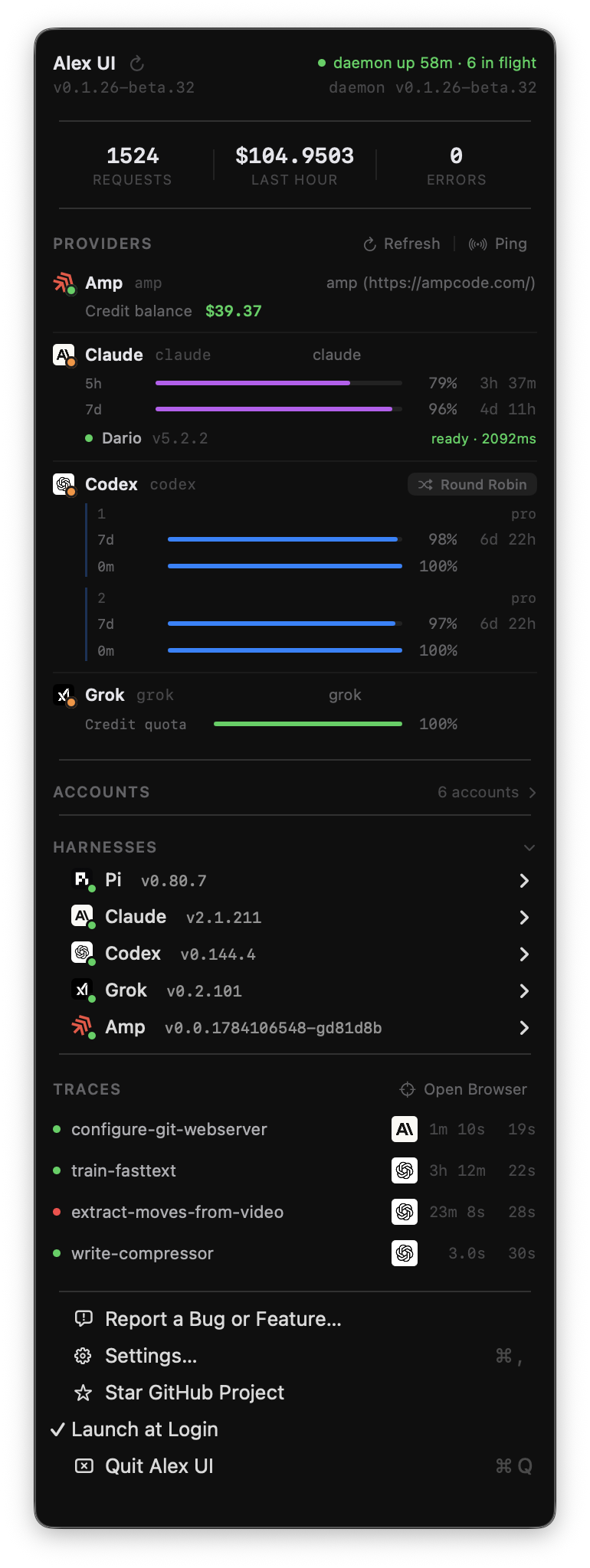 Alex macOS menu showing providers, accounts, harnesses, usage, and recent traces
