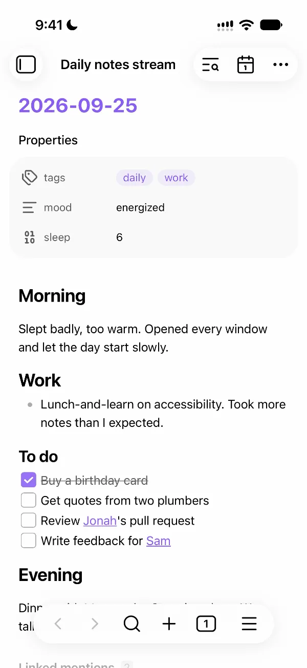 Recording on an iPhone: flicks glide down through older days; a search for Mara is typed and stepped through; a jump goes to an older date; and a tap on the title glides back to the newest note