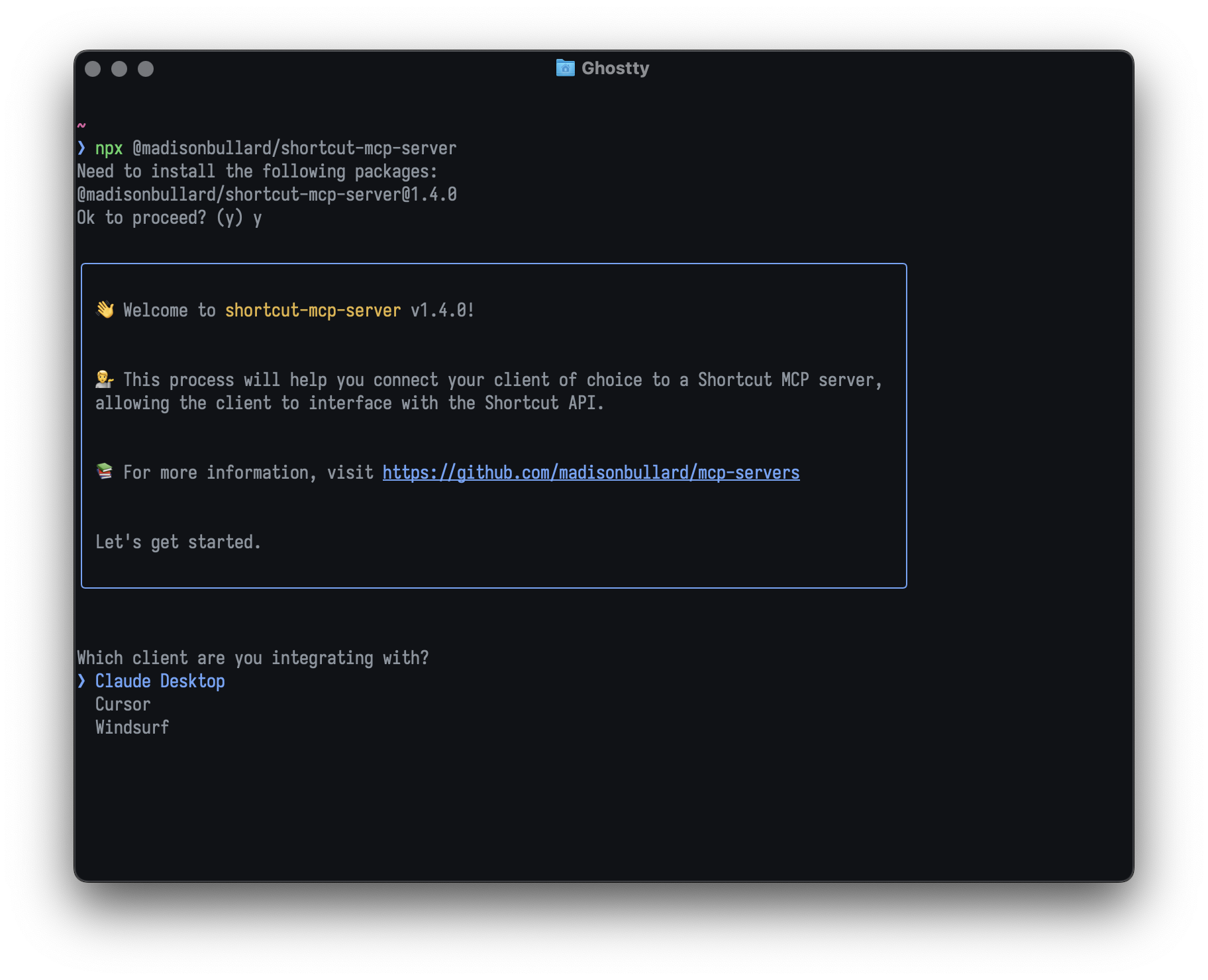 A terminal window running an example of this TUI