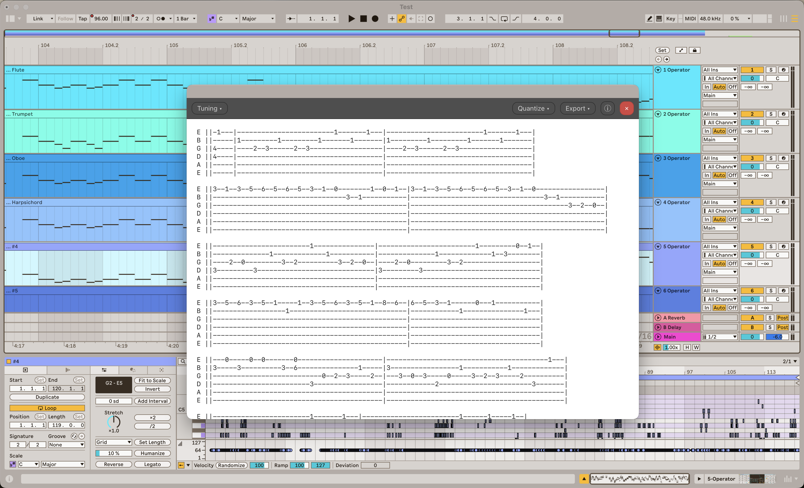 The AbleTab window floating over a Live Set, showing a MIDI clip rendered as tablature