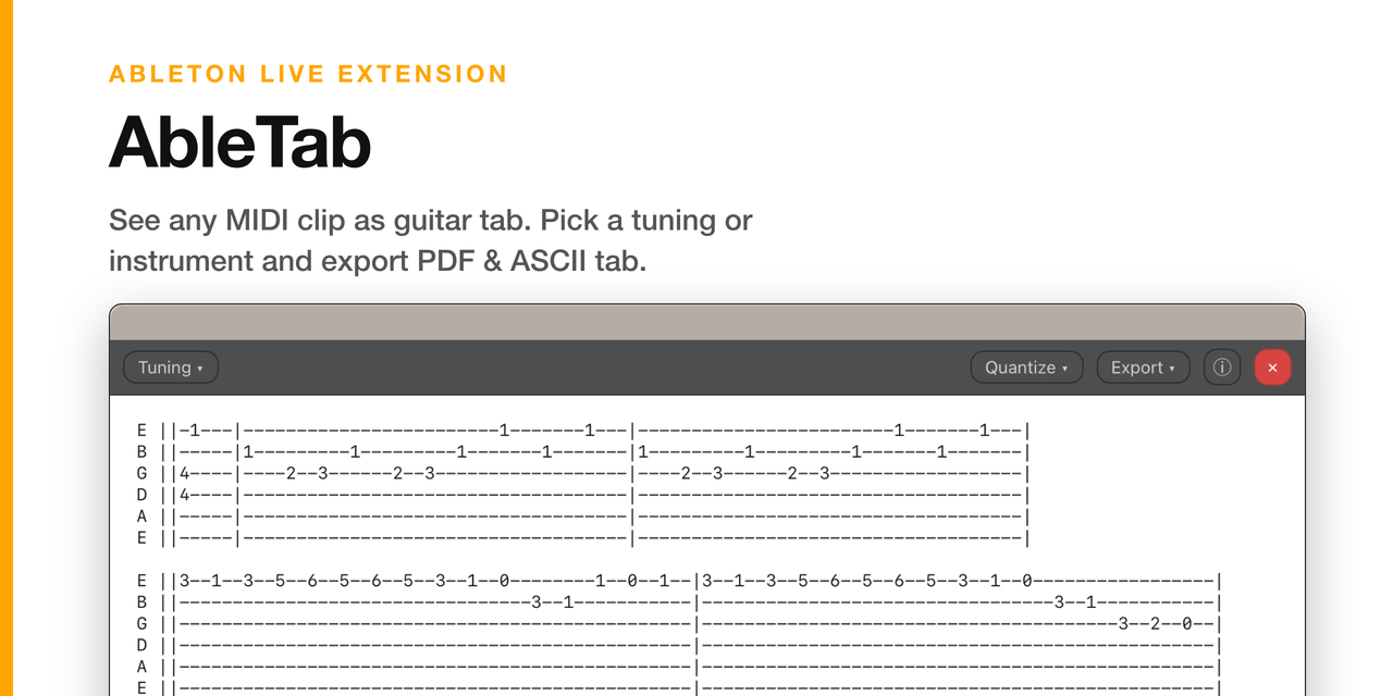 AbleTab: see any MIDI clip as guitar tab, pick a tuning or instrument, and export PDF or ASCII tab