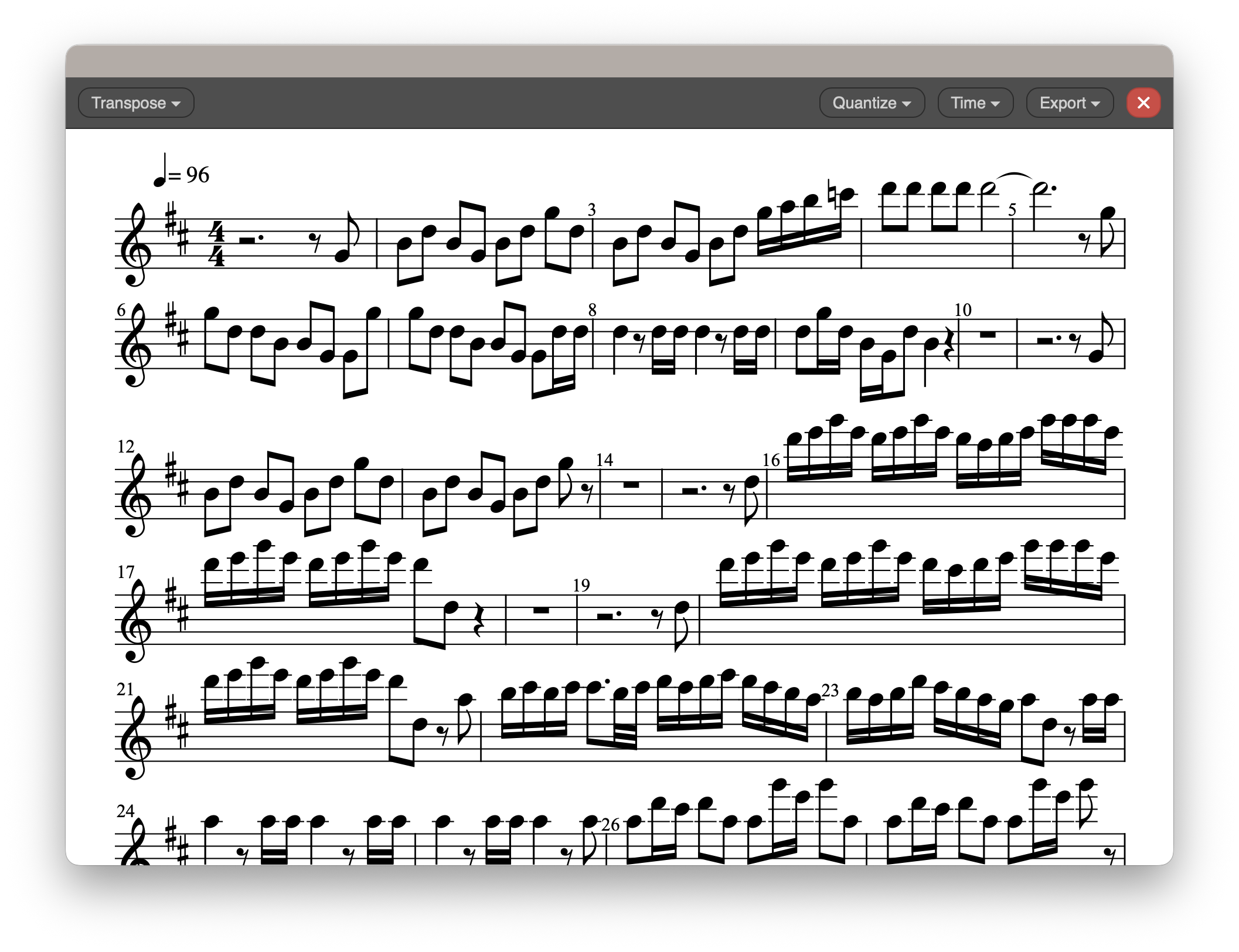 The extension window: a MIDI clip rendered as sheet music, with the Transpose, Quantize, Time, and Export menus