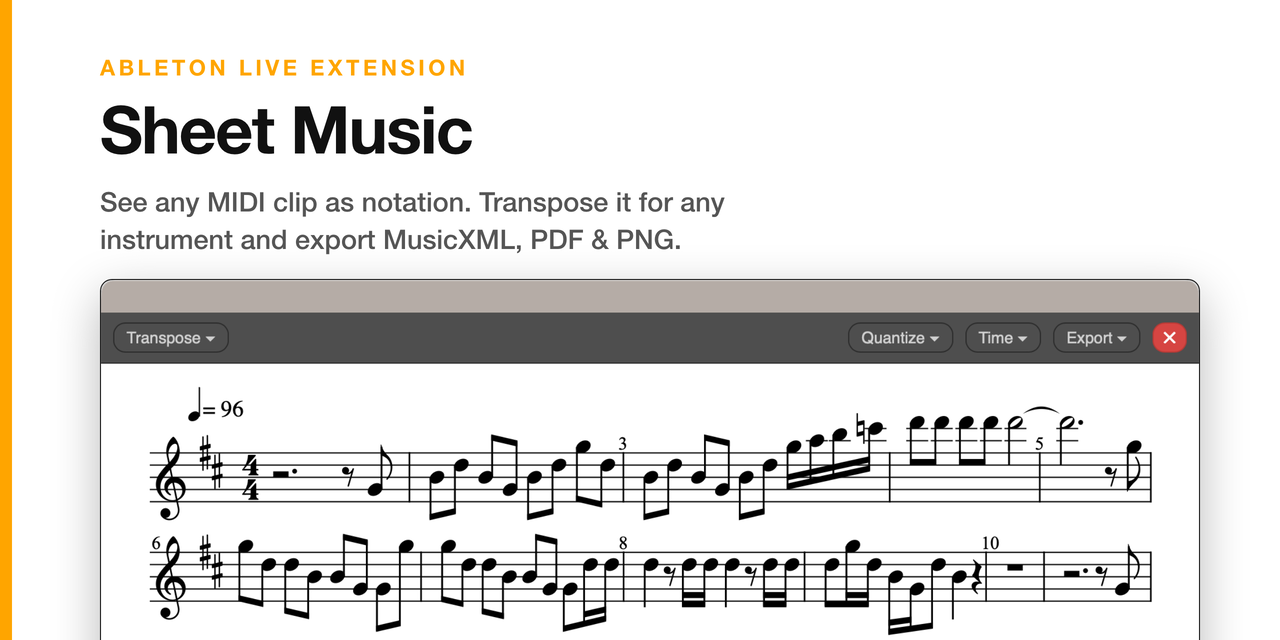 Ableton Sheet Music Extension: see any MIDI clip as notation, transpose it, and export MusicXML, PDF, or PNG