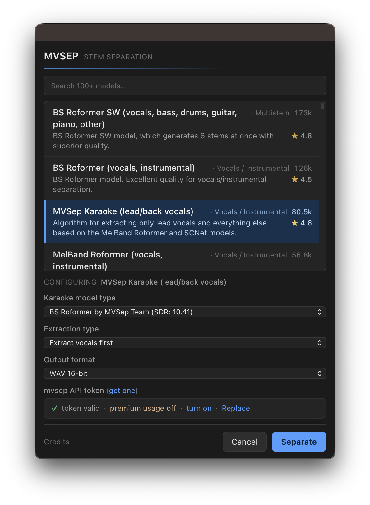 The model picker: search 100+ MVSEP models, pick variant options and output format, and paste your API token