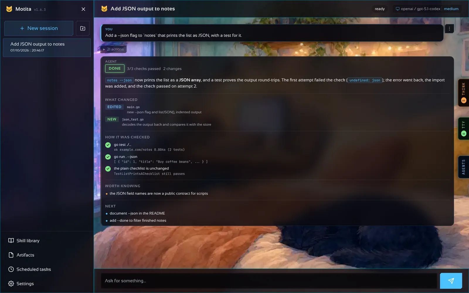 The motita browser interface showing a finished task with its checks