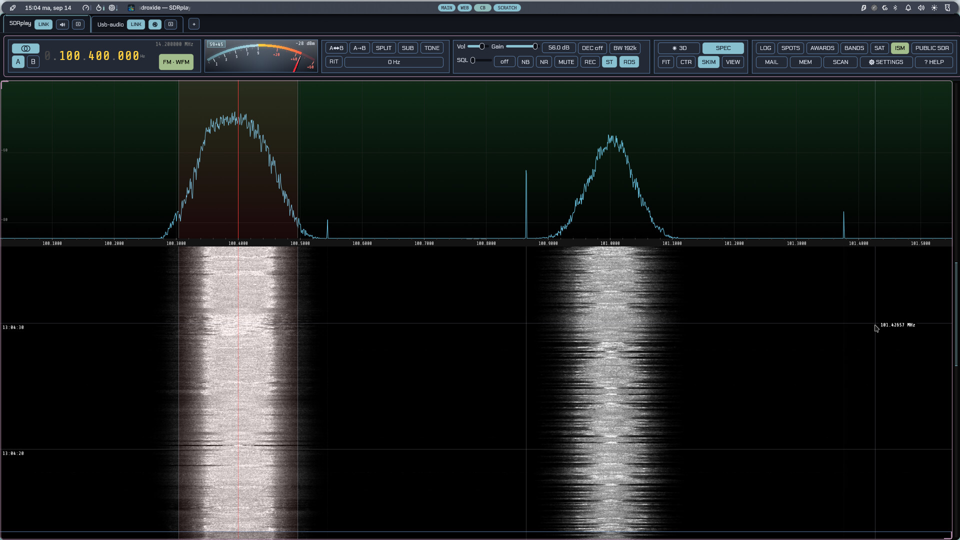 The main window: panadapter, waterfall, and the top control bar