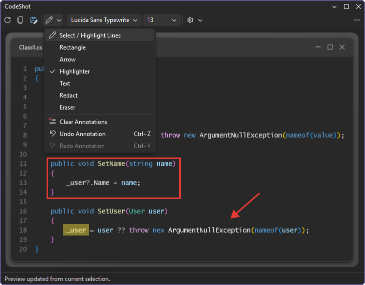 CodeShot annotations highlighting and redacting parts of a code sample