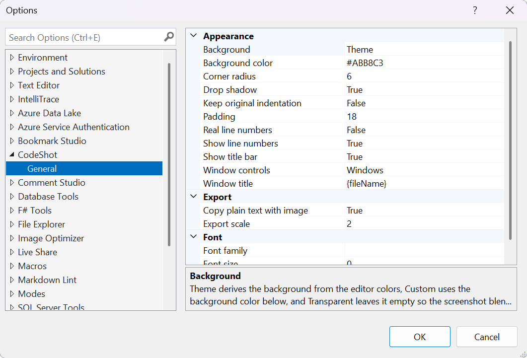 CodeShot appearance and export options in Visual Studio