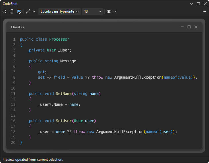 CodeShot preview with syntax-colored code ready to share