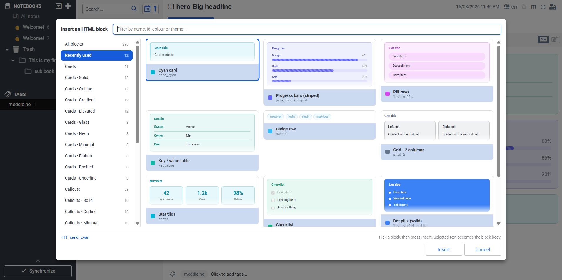 The block picker: filter 298 blocks by name, id, colour or theme and insert one with a click