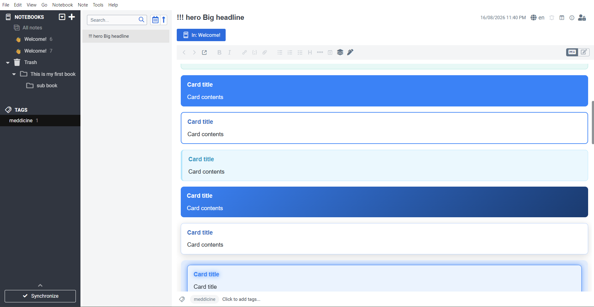 Card blocks in the note viewer - solid, outline, tinted, gradient and elevated styles
