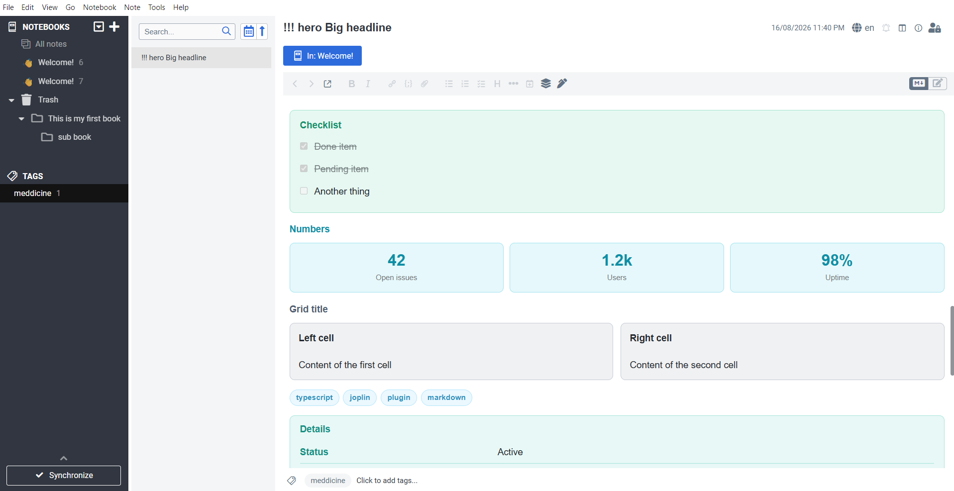 Checklists, stat tiles, badge rows, grids and key/value tables