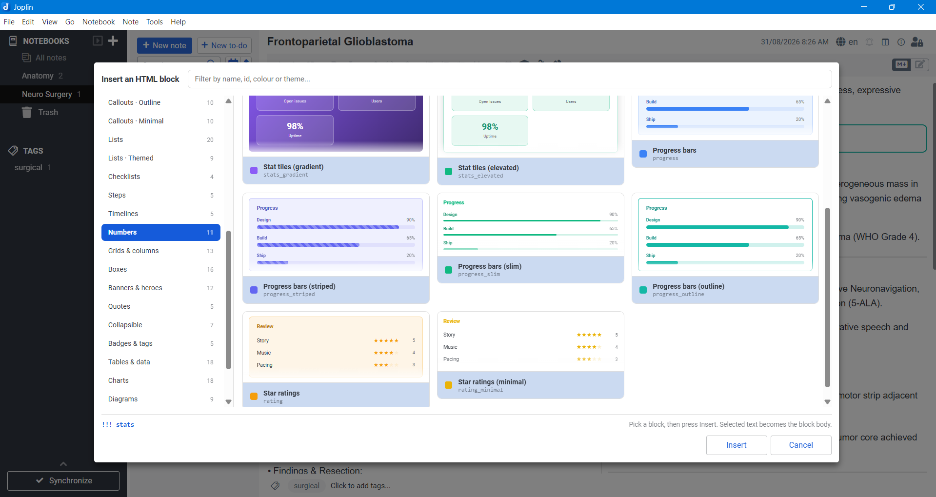 Stat tiles, progress bars and star ratings