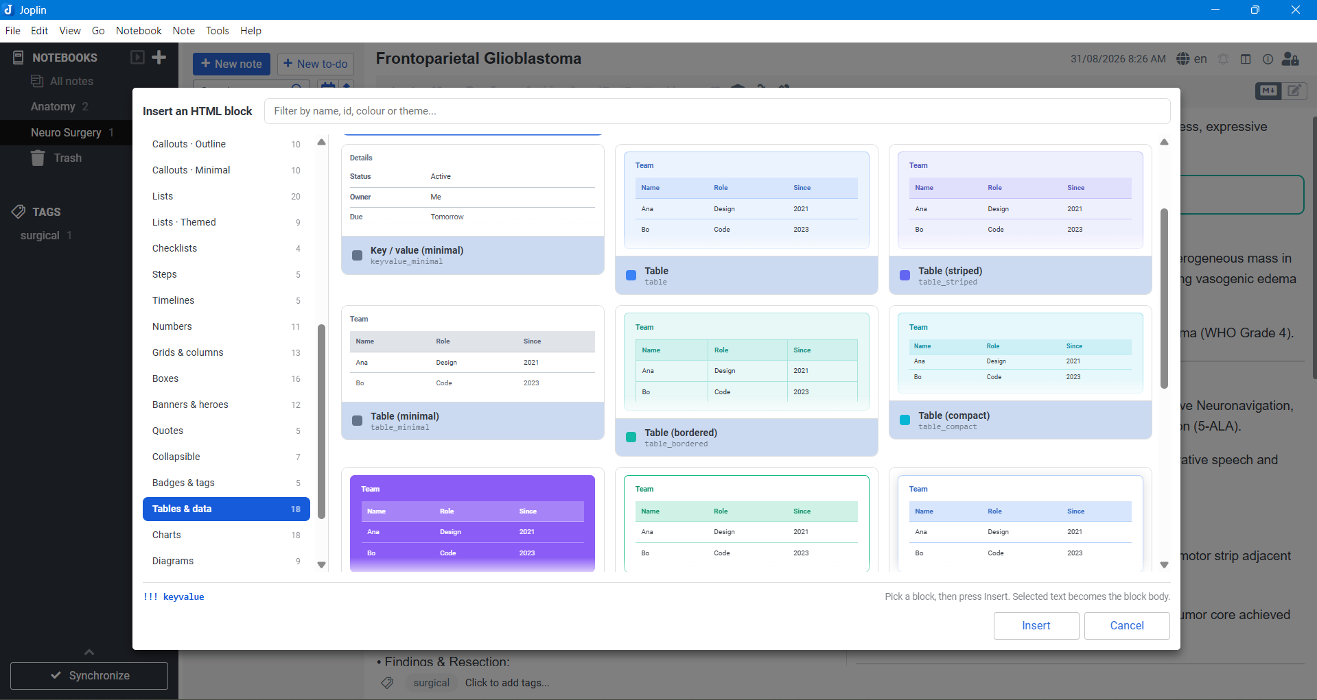 Tables and key/value data, in striped, bordered, compact and minimal styles