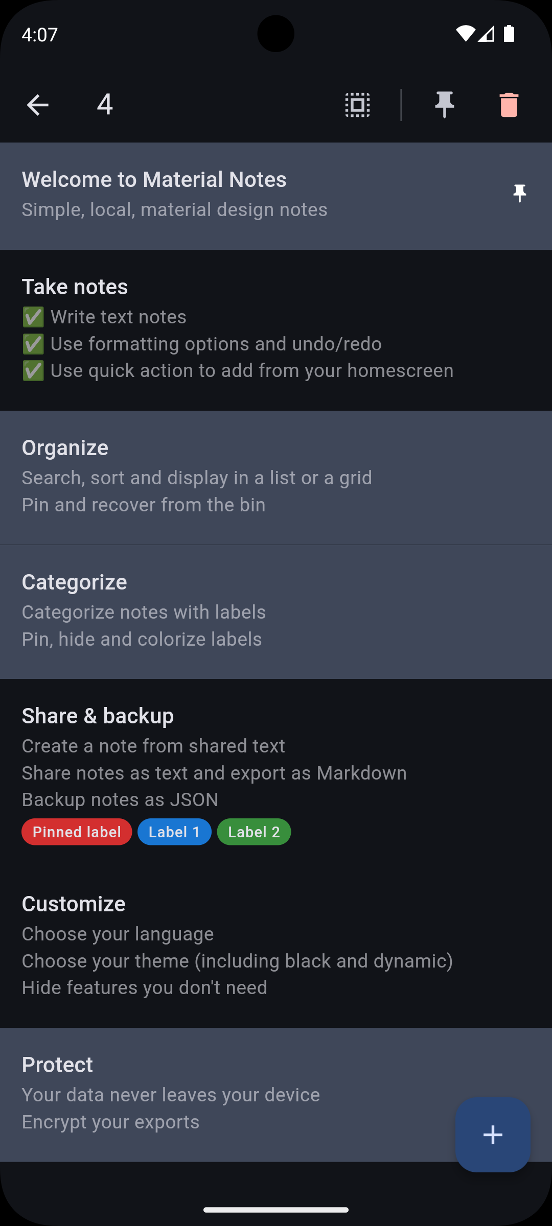 Screenshot of the notes list in selection mode