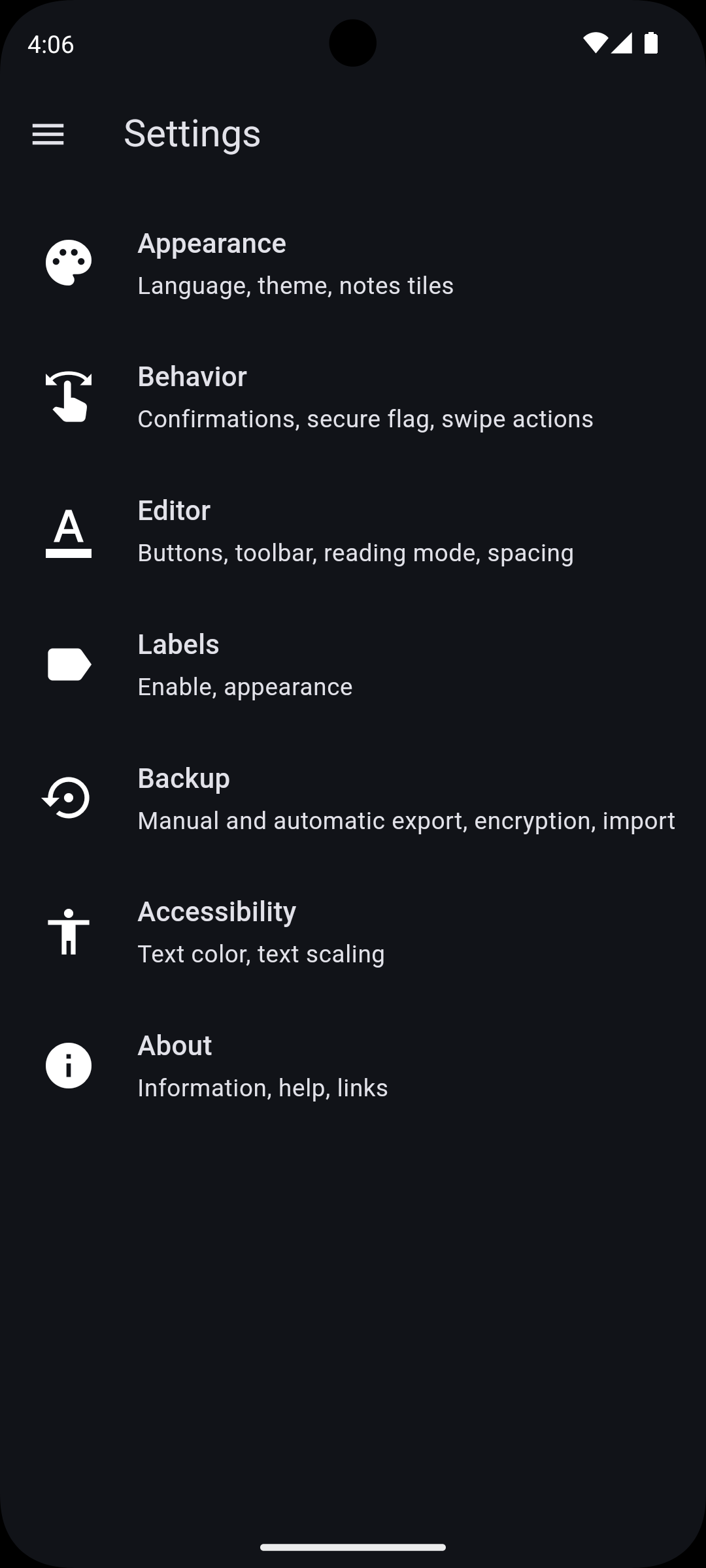 Screenshot of the notes list in the dark mode with dynamic theming