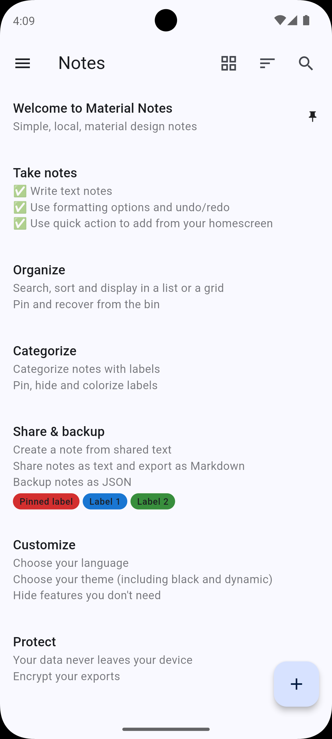 Screenshot of the notes list in the light mode with dynamic theming