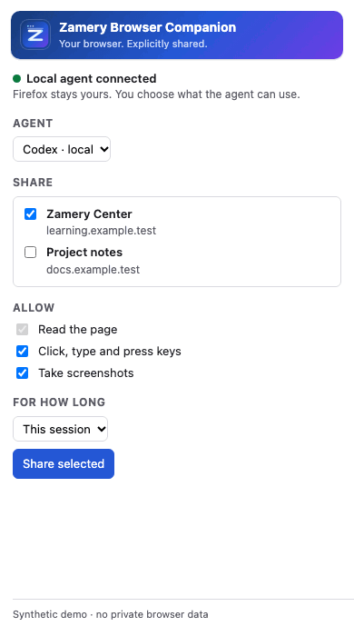 Zamery Browser Companion flow: explicit sharing, agent control, then user takeover and resume