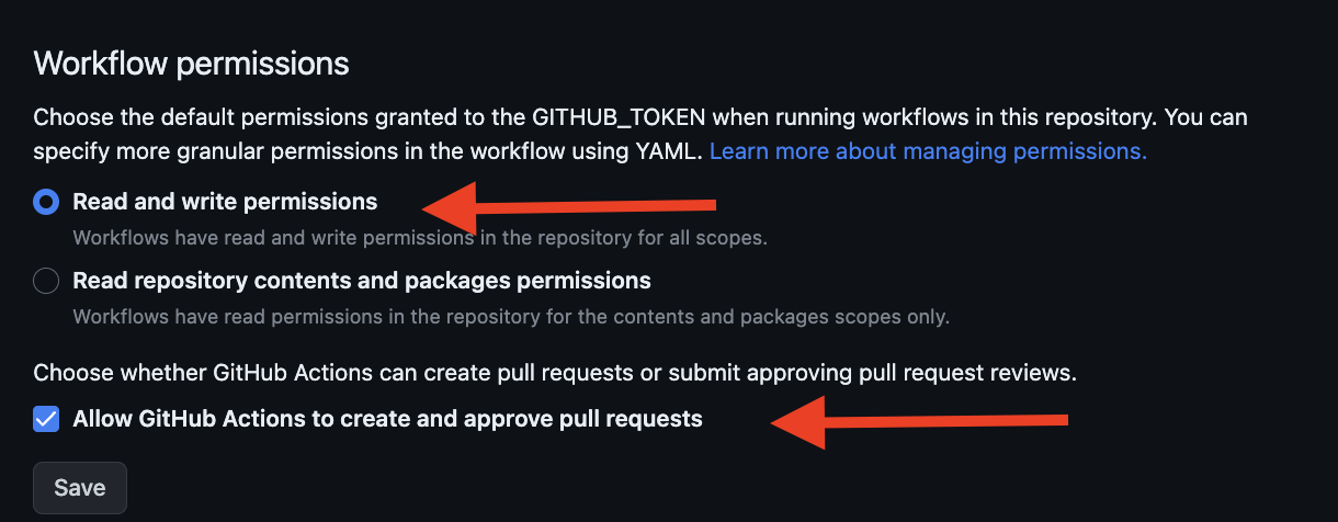 Settings GitHub Actions permissions step 2