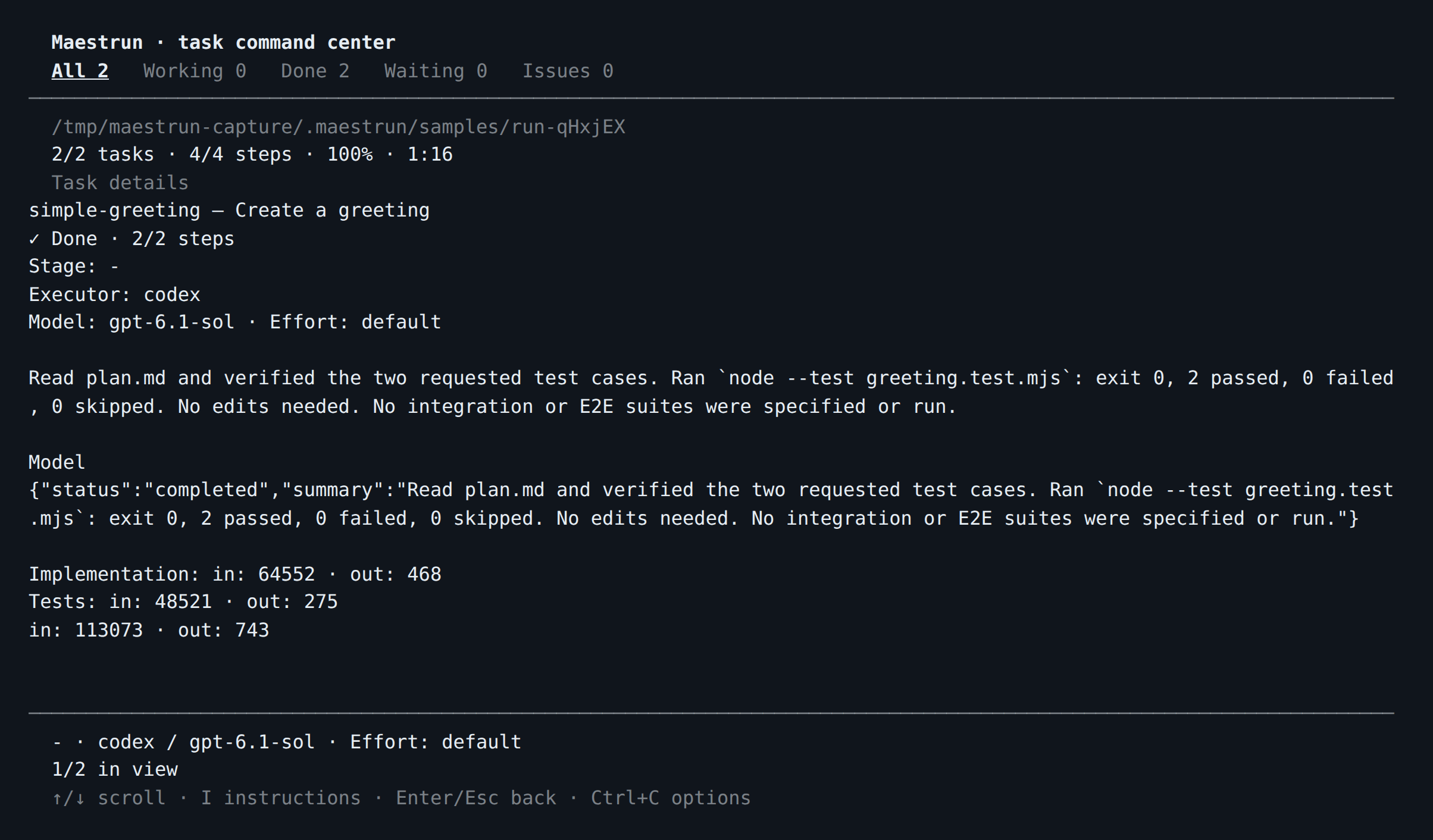 Details of the completed greeting task, including its test result and token usage.
