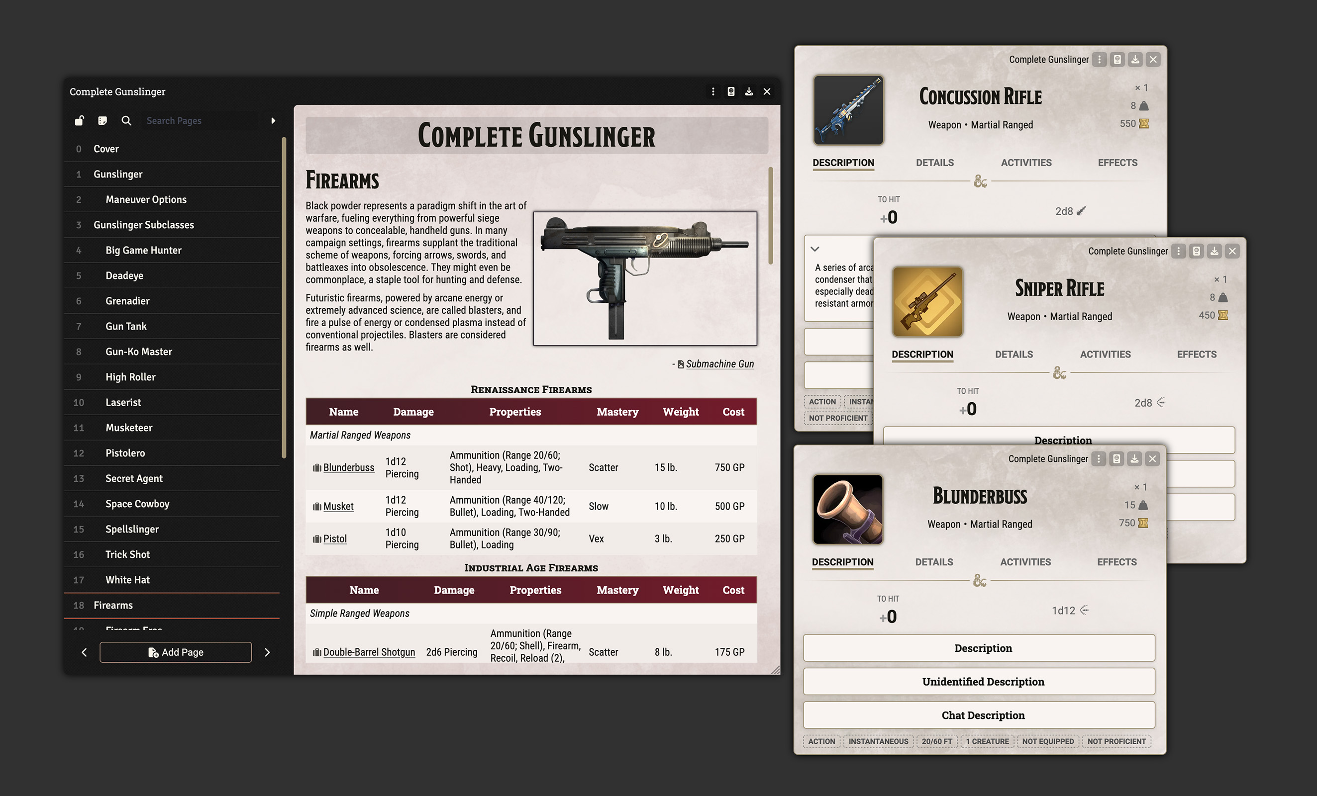 The journal page for firearms with the sheets for the Concuussion Rifle, Sniper Rifle, and Blunderbuss.