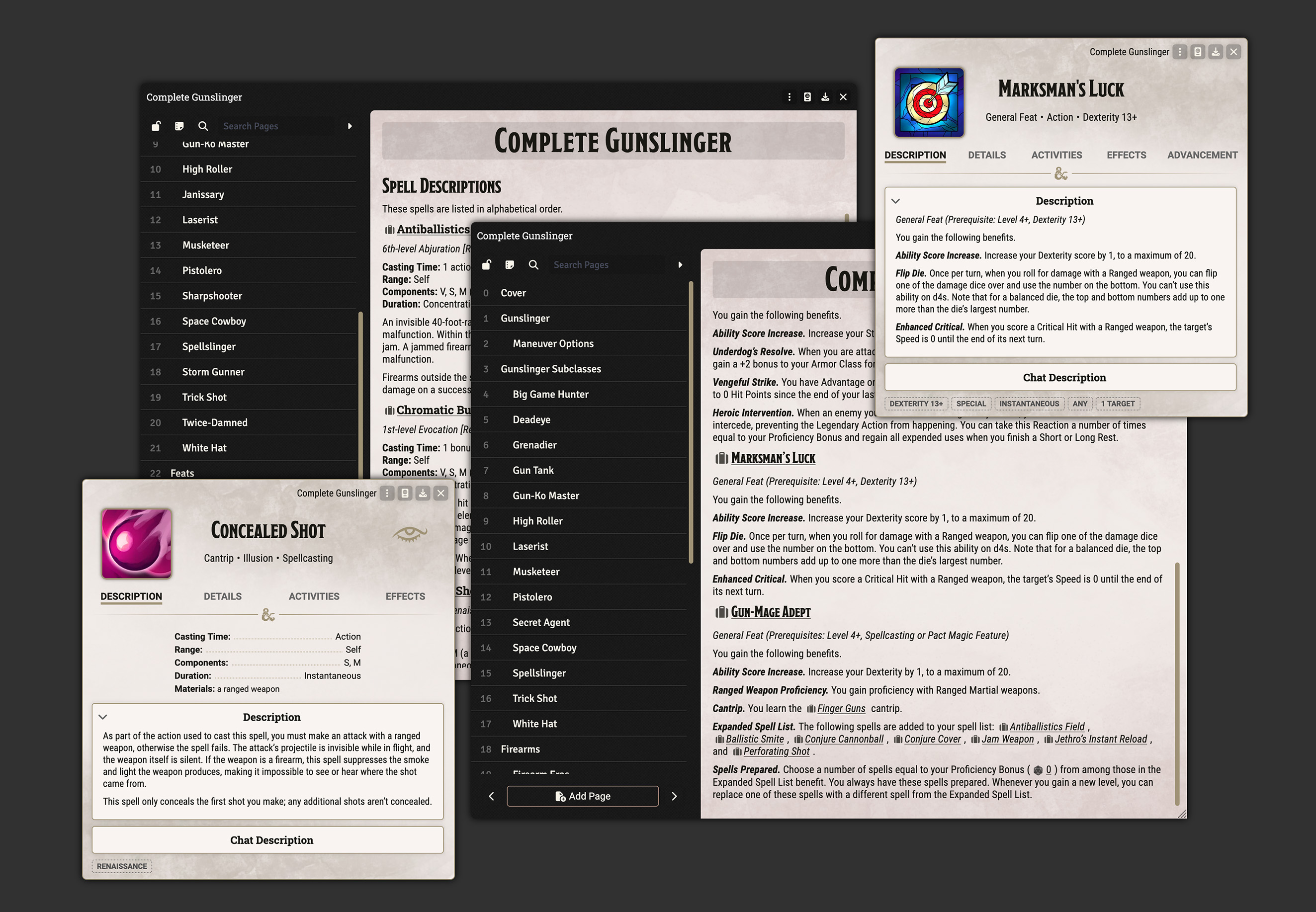 Sheets for the Concealed Shot spell, the Marksman's Luck feat, and the journal pages for 5e spell and 5.5e feat descriptions behind them.