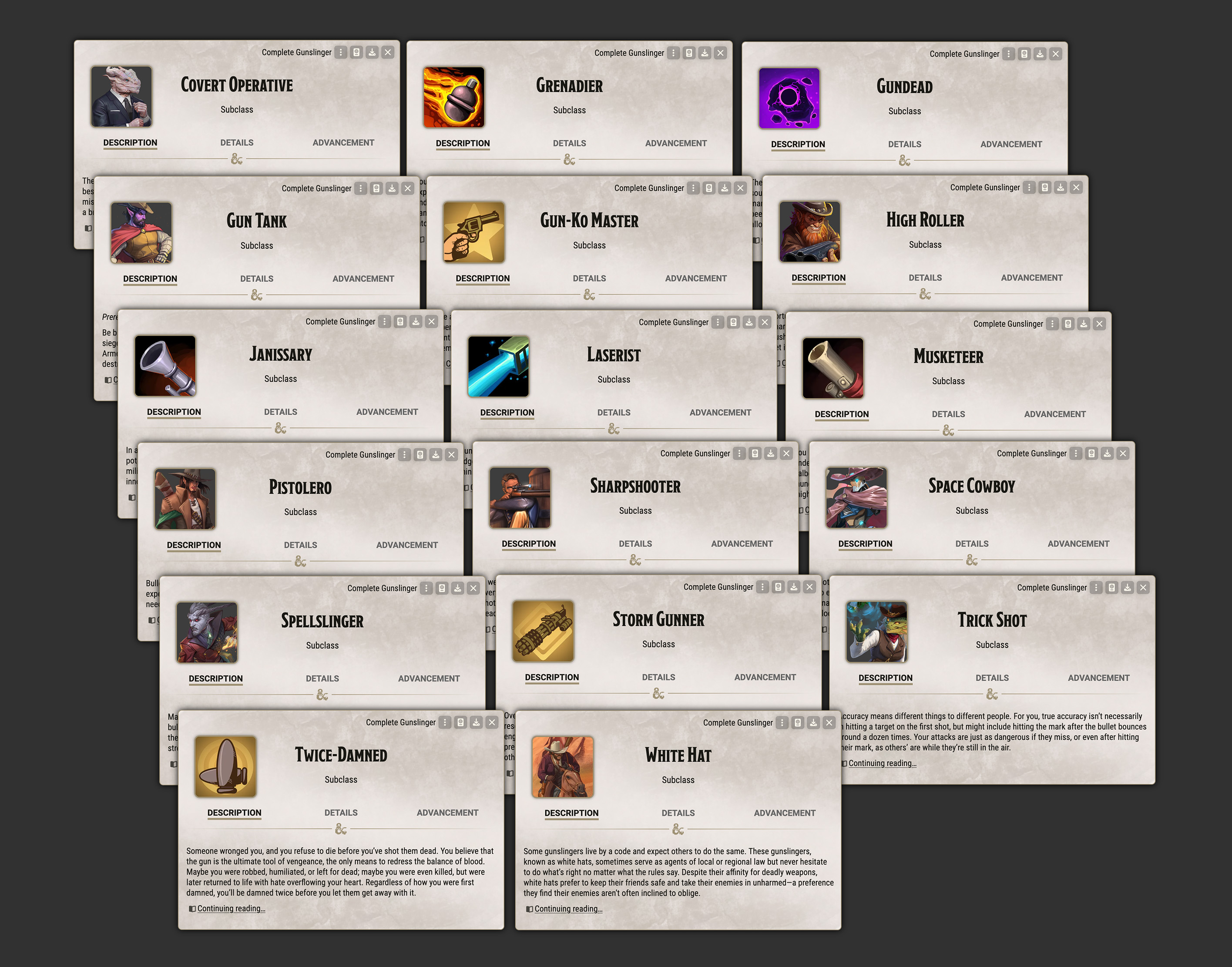 All seventeen 5e subclass sheets.