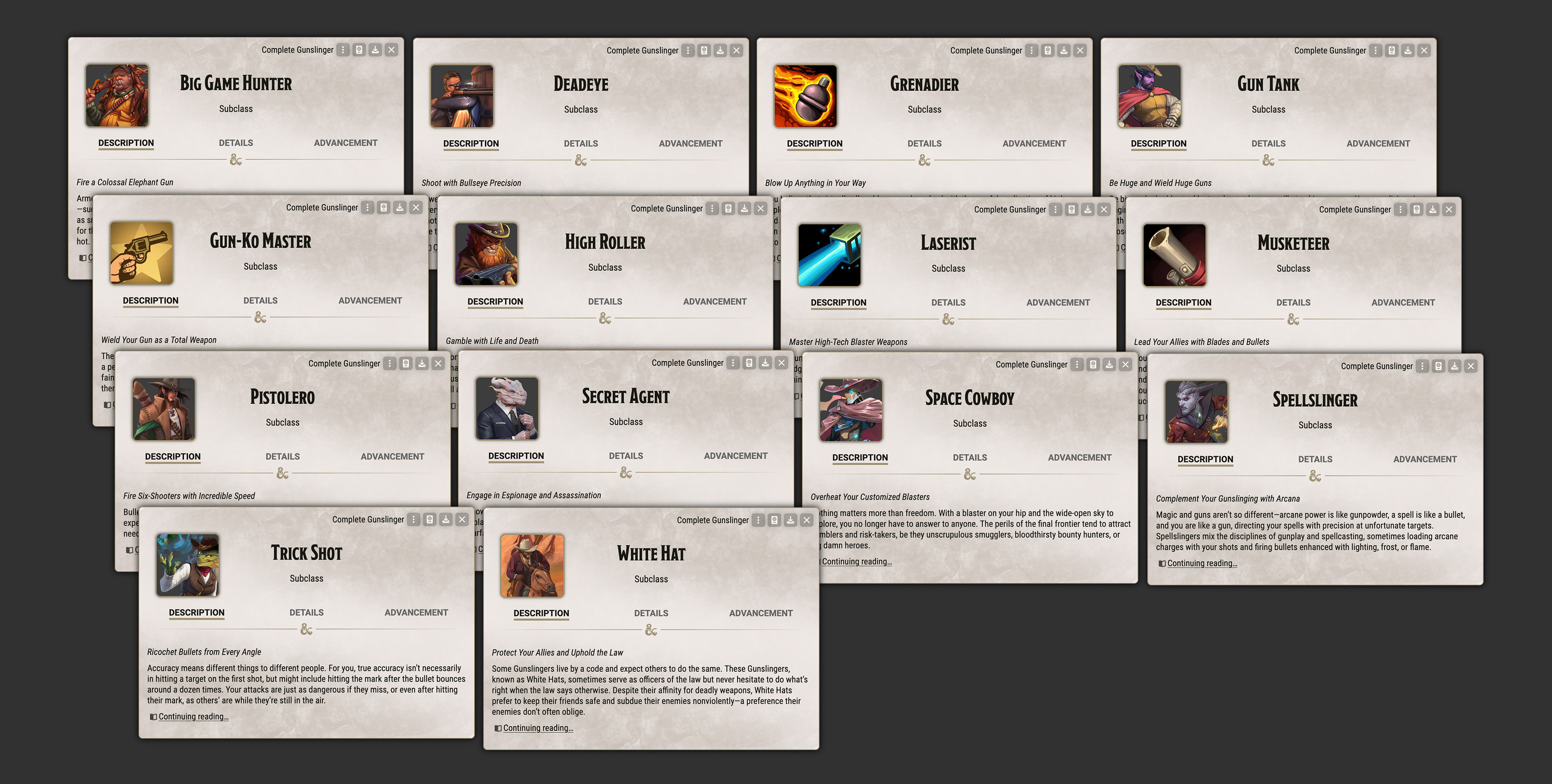 All fourteen 5.5e subclass sheets.
