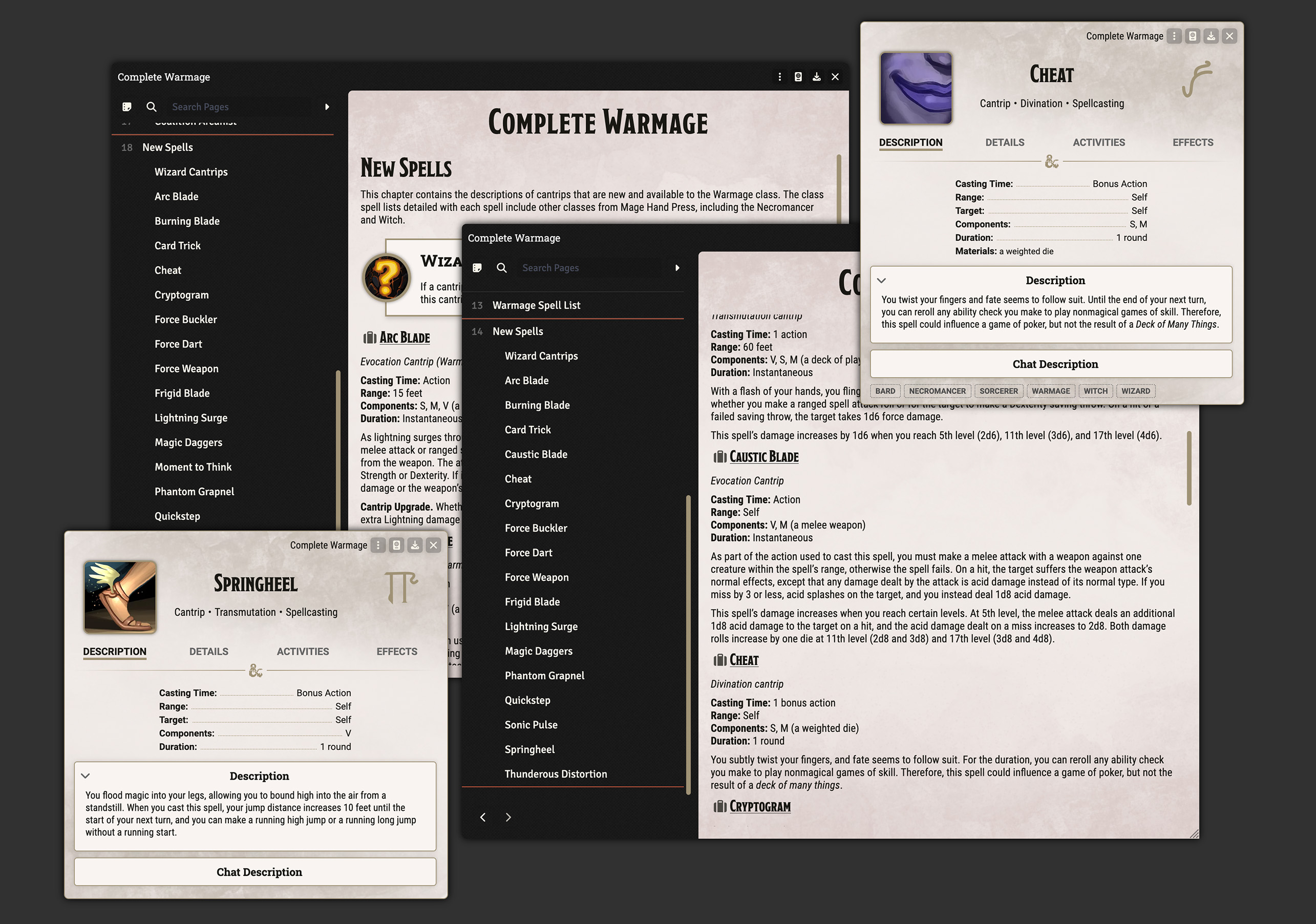 Sheets for the Cheat and Springheel spells, with the journal pages for 5e and 5.5e spell descriptions behind them.