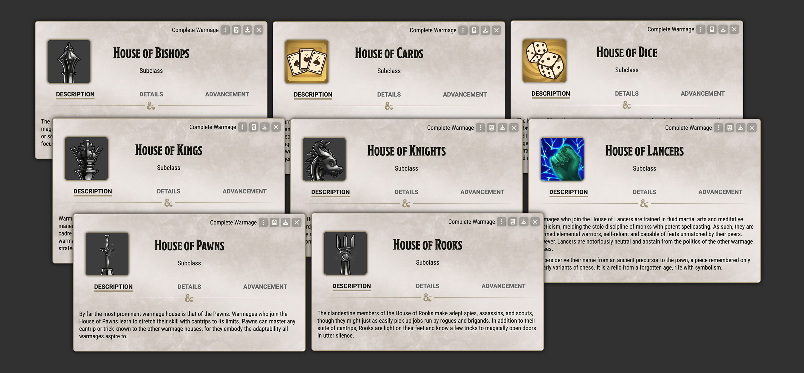 All eight 5e subclass sheets.
