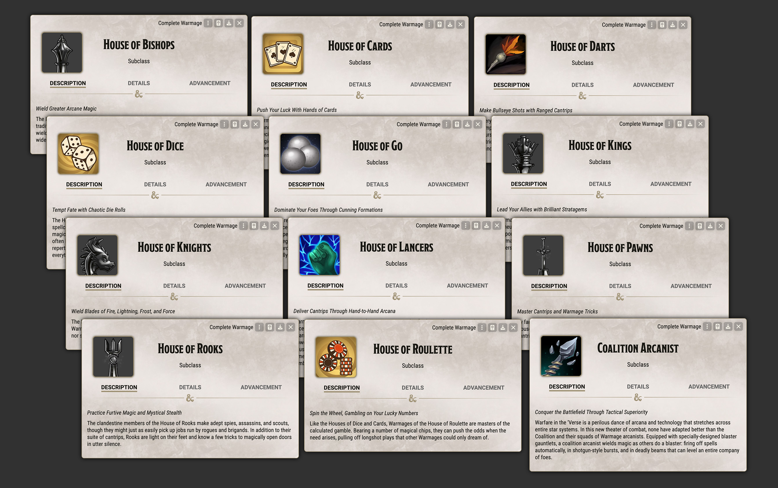 All twelve 5.5e subclass sheets.