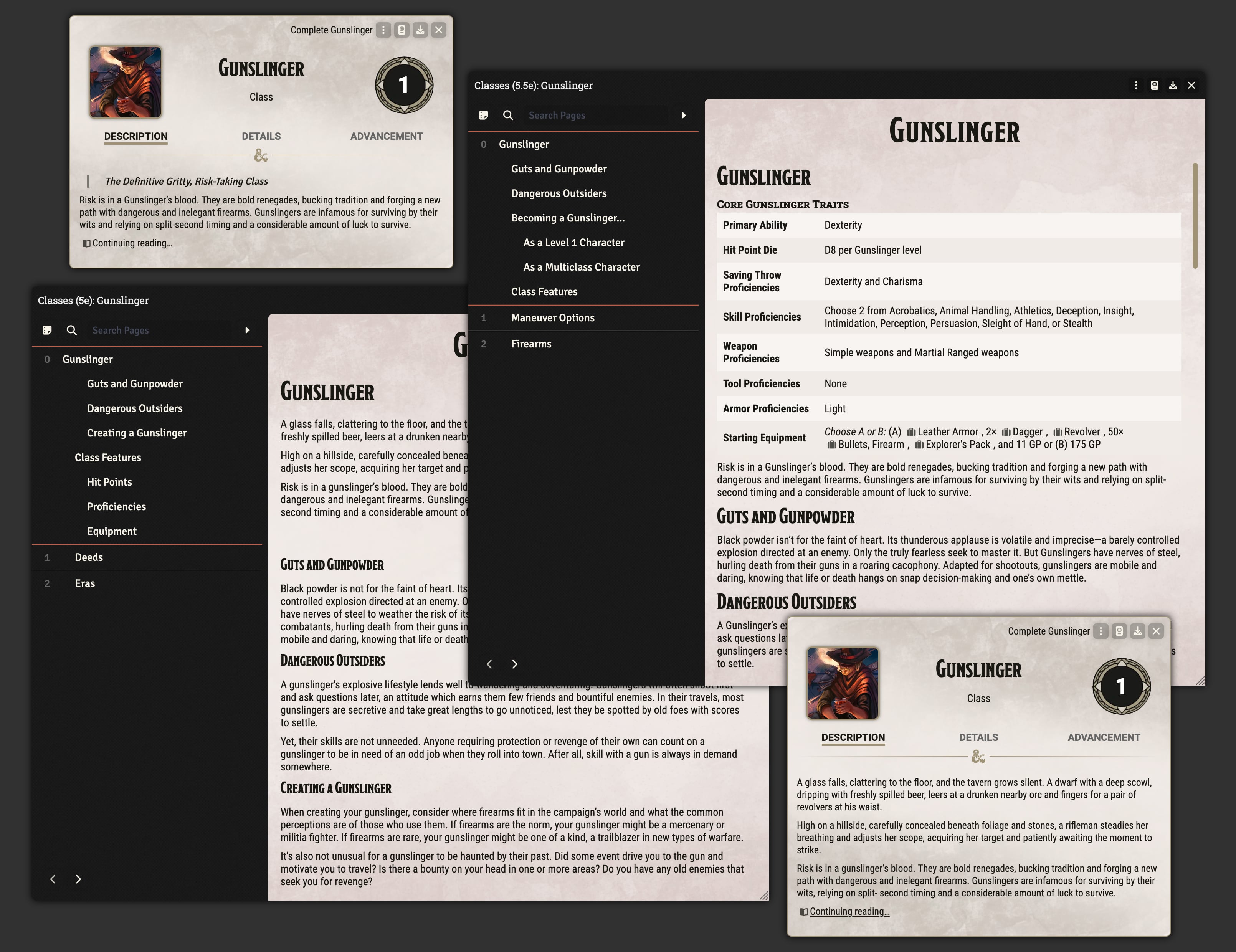 The 5e & 5.5e Gunslinger classes along with their journal entries.