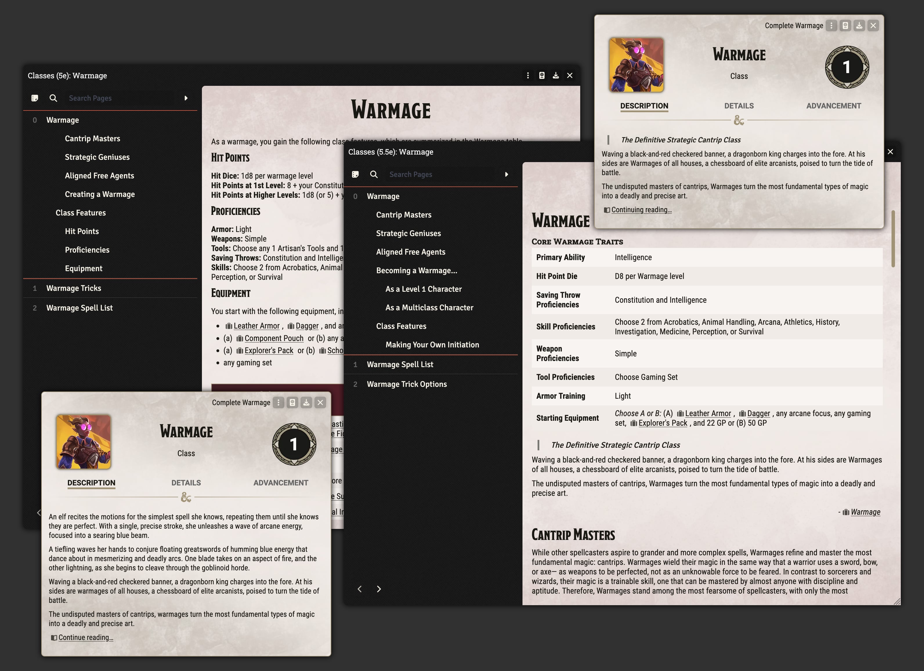 The 5e & 5.5e Warmage classes along with their journal entries.